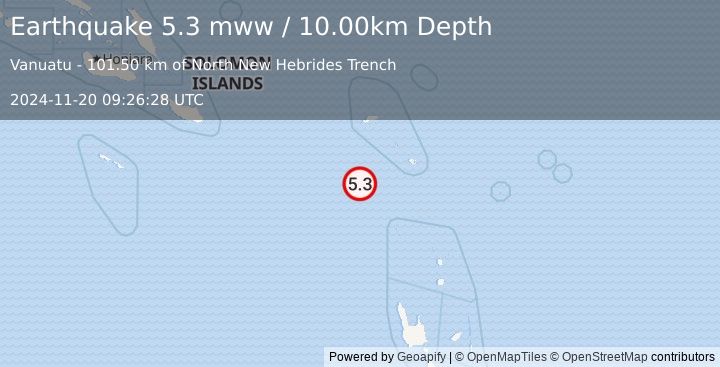 Earthquake 154 km S of Lata, Solomon Islands (5.3 mww) (2024-11-20 09:26:28 UTC)