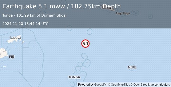 Earthquake 118 km SSW of Hihifo, Tonga (5.1 mww) (2024-11-20 18:44:14 UTC)