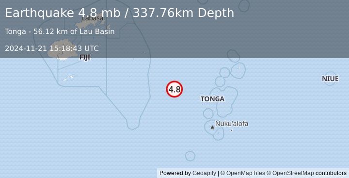 Earthquake 250 km NW of Houma, Tonga (4.8 mb) (2024-11-21 15:18:43 UTC)