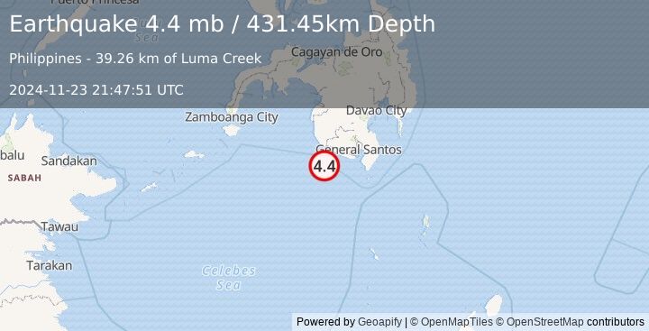 Earthquake 39 km SSW of Maitum, Philippines (4.4 mb) (2024-11-23 21:47:51 UTC)