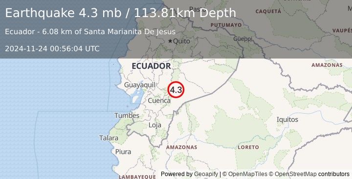 Earthquake 10 km WNW of Sucúa, Ecuador (4.3 mb) (2024-11-24 00:56:04 UTC)