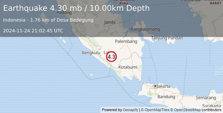 Earthquake 18 km SSW of Tanjungagung, Indonesia (4.3 mb) (2024-11-24 21:02:45 UTC)