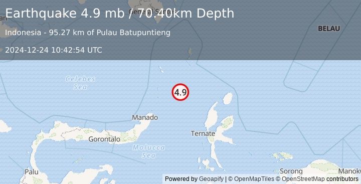 Earthquake 190 km NE of Bitung, Indonesia (4.9 mb) (2024-12-24 10:42:54 UTC)