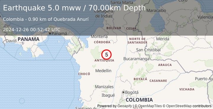 Earthquake 15 km NNE of Valdivia, Colombia (5.0 mww) (2024-12-26 00:52:42 UTC)