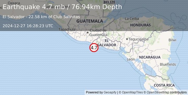 Earthquake 26 km SW of Acajutla, El Salvador (4.7 mb) (2024-12-27 16:28:23 UTC)