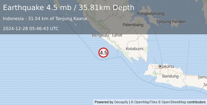 Earthquake 147 km SW of Pagar Alam, Indonesia (4.5 mb) (2024-12-28 05:46:43 UTC)