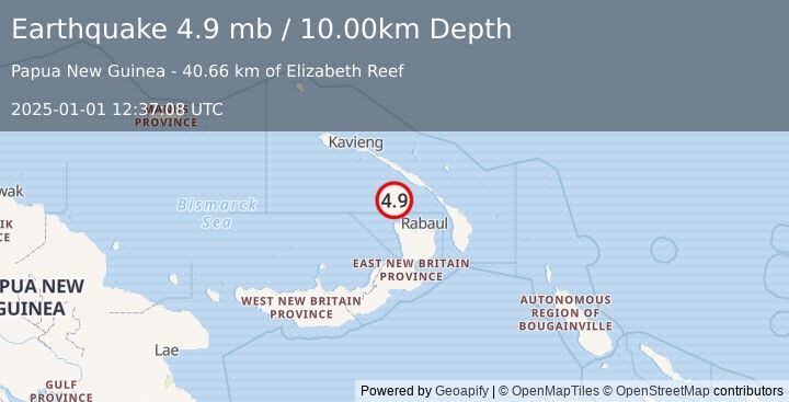 Earthquake 81 km NW of Rabaul, Papua New Guinea (4.9 mb) (2025-01-01 12:37:08 UTC)