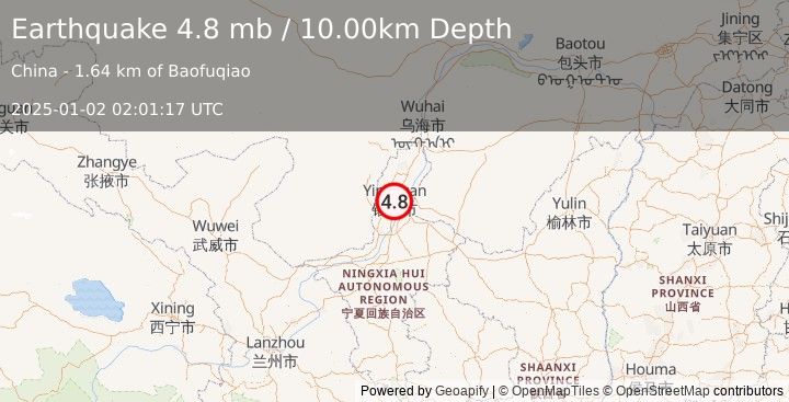 Earthquake 4 km WSW of Yinchuan, China (4.8 mb) (2025-01-02 02:01:17 UTC)