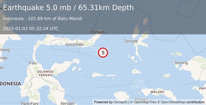 Earthquake 108 km SE of Modisi, Indonesia (5.0 mb) (2025-01-02 05:32:24 UTC)