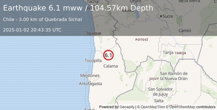 Earthquake 83 km N of Calama, Chile (6.1 mww) (2025-01-02 20:43:35 UTC)