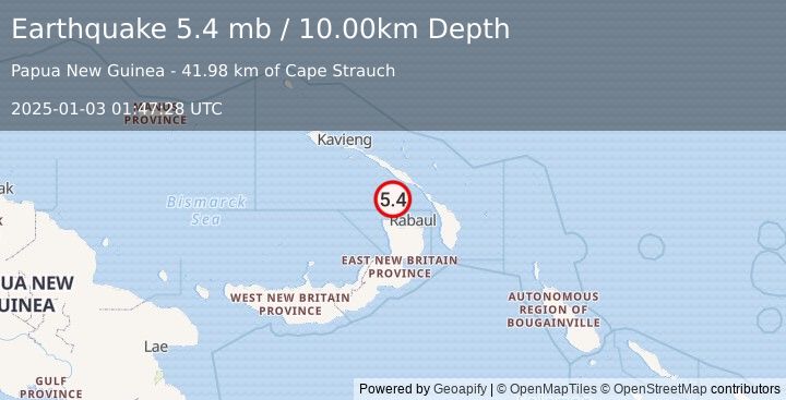 Earthquake 62 km NW of Rabaul, Papua New Guinea (5.4 mb) (2025-01-03 01:47:28 UTC)