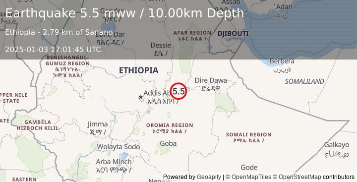 Earthquake 44 km NE of Āwash, Ethiopia (5.5 mww) (2025-01-03 17:01:45 UTC)