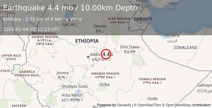 Earthquake 30 km NNW of Āwash, Ethiopia (4.4 mb) (2025-01-04 03:12:23 UTC)