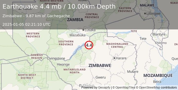 Earthquake 21 km SSE of Siavonga, Zambia (4.4 mb) (2025-01-05 02:21:10 UTC)