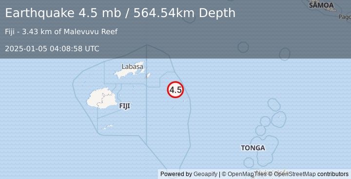 Earthquake 222 km ENE of Levuka, Fiji (4.5 mb) (2025-01-05 04:08:58 UTC)