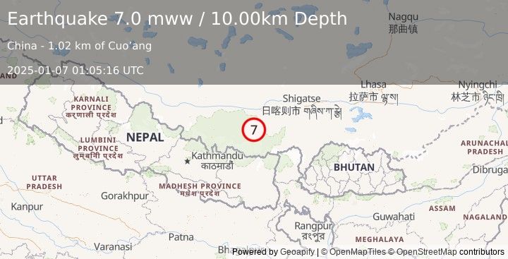 Earthquake 90 km NE of Lobuche, Nepal (7.0 mww) (2025-01-07 01:05:16 UTC)