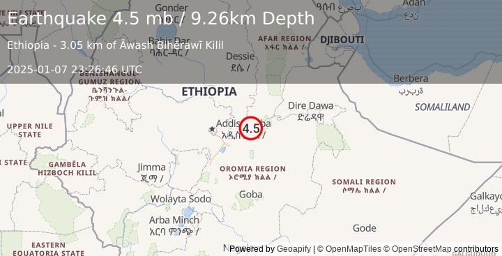 Earthquake 19 km NNE of Metahāra, Ethiopia (4.5 mb) (2025-01-07 23:26:46 UTC)