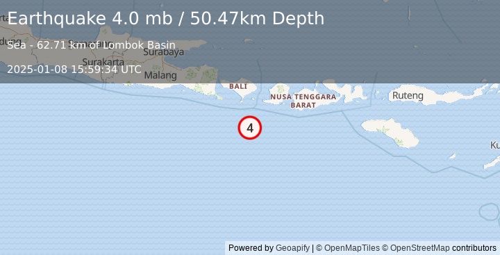 Earthquake 94 km SSE of Nusa Dua, Indonesia (4.0 mb) (2025-01-08 15:59:34 UTC)