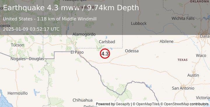 Earthquake 56 km S of Whites City, New Mexico (4.3 mww) (2025-01-09 03:52:17 UTC)