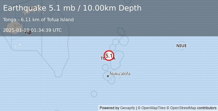 Earthquake 81 km W of Pangai, Tonga (5.1 mb) (2025-01-10 01:34:39 UTC)