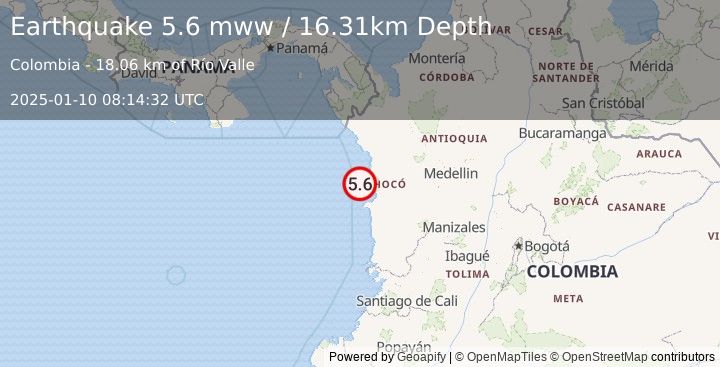 Earthquake 29 km SW of Bahía Solano, Colombia (5.6 mww) (2025-01-10 08:14:32 UTC)