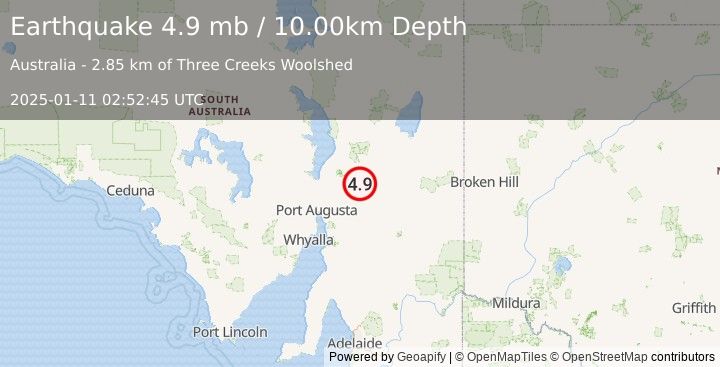 Earthquake 74 km ENE of Quorn, Australia (4.9 mb) (2025-01-11 02:52:45 UTC)