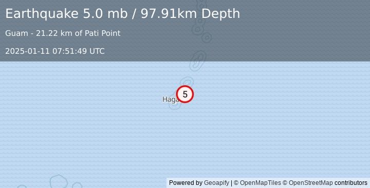 Earthquake 31 km ENE of Yigo Village, Guam (5.0 mb) (2025-01-11 07:51:49 UTC)