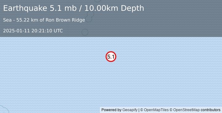 Earthquake south of the Kermadec Islands (5.1 mb) (2025-01-11 20:21:15 UTC)