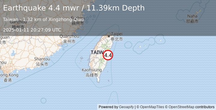 Earthquake 23 km SSW of Hualien City, Taiwan (4.4 mwr) (2025-01-11 20:27:09 UTC)