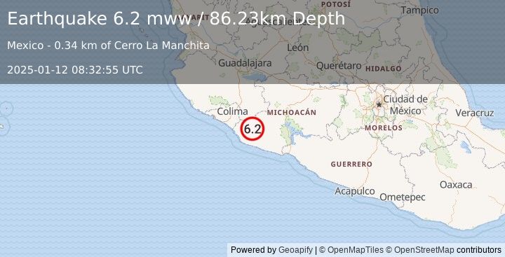 Earthquake 8 km SE of Coalcomán de Vázquez Pallares, Mexico (6.2 mww) (2025-01-12 08:32:55 UTC)