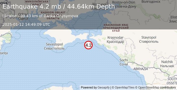 Earthquake 50 km SSE of Zavetnoye, Ukraine (4.2 mb) (2025-01-12 14:49:09 UTC)