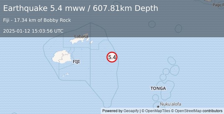 Earthquake 236 km E of Levuka, Fiji (5.4 mww) (2025-01-12 15:03:56 UTC)