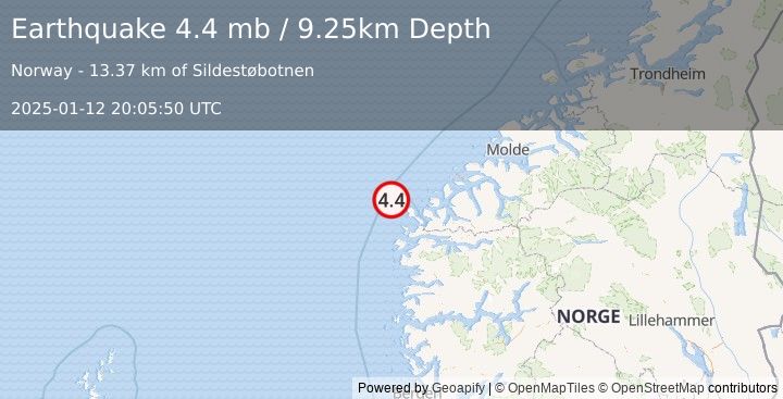 Earthquake 40 km NNW of Måløy, Norway (4.4 mb) (2025-01-12 20:05:50 UTC)