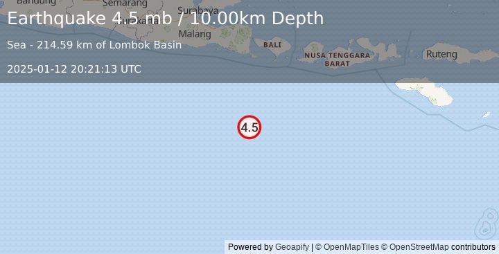 Earthquake 249 km SSW of Jimbaran, Indonesia (4.5 mb) (2025-01-12 20:21:13 UTC)