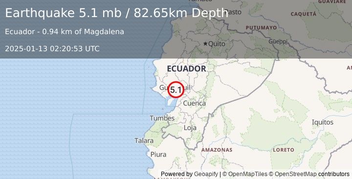 Earthquake 11 km SSE of Guayaquil, Ecuador (5.1 mb) (2025-01-13 02:20:53 UTC)