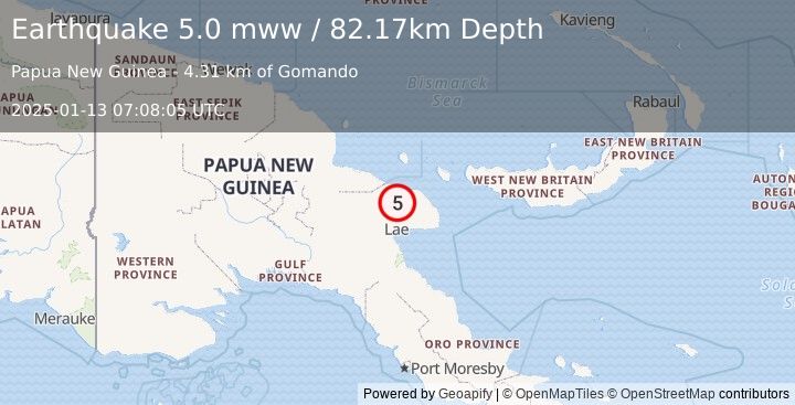 Earthquake 57 km N of Lae, Papua New Guinea (5.0 mww) (2025-01-13 07:08:05 UTC)