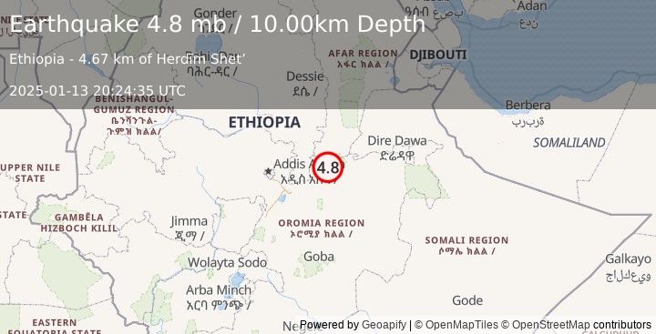 Earthquake 17 km N of Āwash, Ethiopia (4.8 mb) (2025-01-13 20:24:35 UTC)