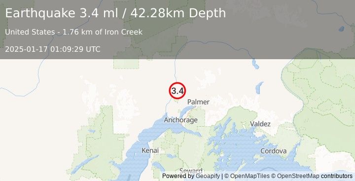 Earthquake 9 km N of Willow, Alaska (3.4 ml) (2025-01-17 01:09:29 UTC)