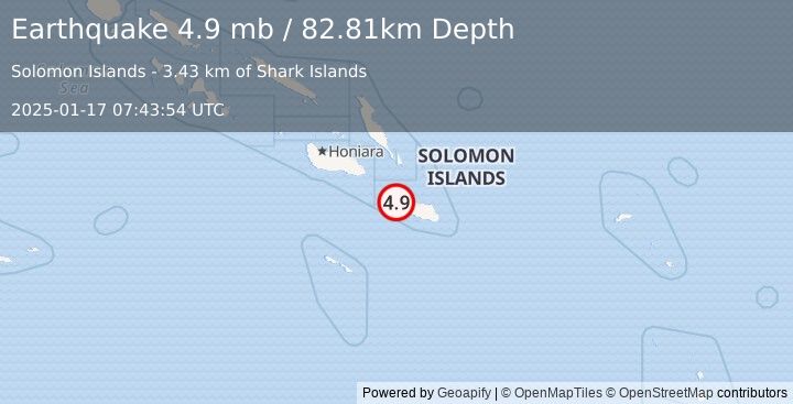 Earthquake 53 km W of Kirakira, Solomon Islands (4.9 mb) (2025-01-17 07:43:54 UTC)