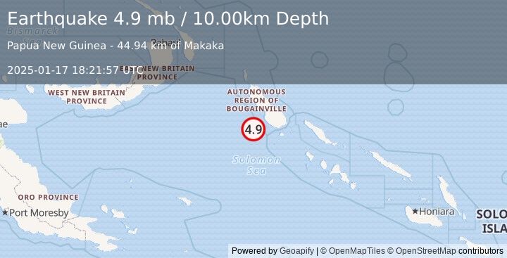 Earthquake 92 km SW of Panguna, Papua New Guinea (5.0 mww) (2025-01-17 18:21:56 UTC)