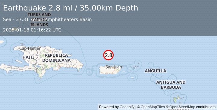 Earthquake 91 km N of Tierras Nuevas Poniente, Puerto Rico (2.8 ml) (2025-01-18 01:16:22 UTC)