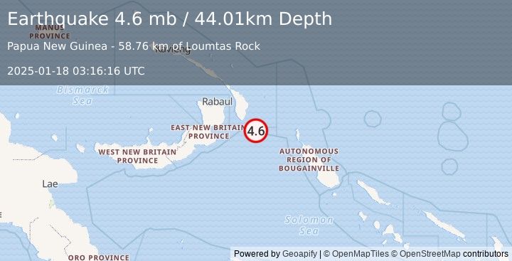 Earthquake 147 km SE of Kokopo, Papua New Guinea (4.6 mb) (2025-01-18 03:16:16 UTC)