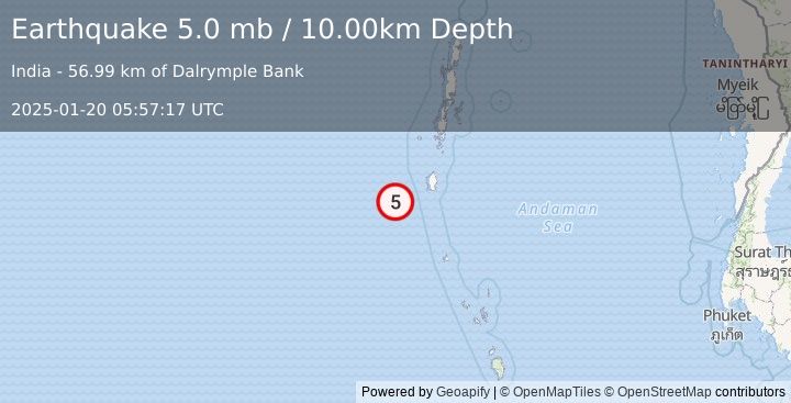 Earthquake 184 km SW of Port Blair, India (5.0 mb) (2025-01-20 05:57:17 UTC)