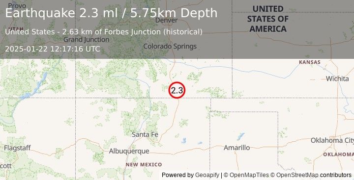 Earthquake 7 km NNW of El Moro, Colorado (2.3 ml) (2025-01-22 12:17:16 UTC)