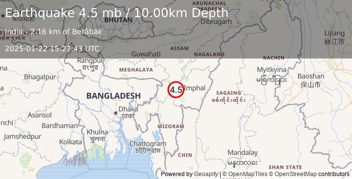 Earthquake 11 km SE of Lakhipur, India (4.5 mb) (2025-01-22 15:27:43 UTC)