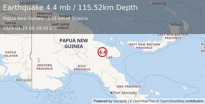 Earthquake 67 km E of Kainantu, Papua New Guinea (4.4 mb) (2025-01-23 00:19:16 UTC)