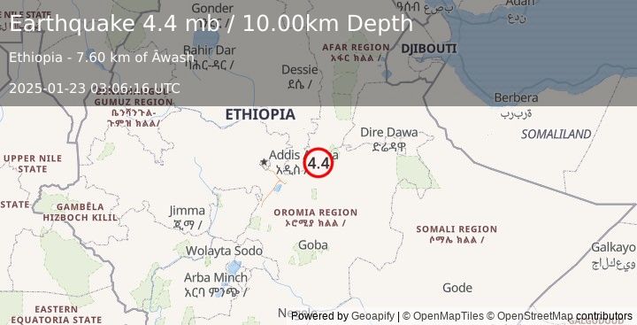 Earthquake 8 km NW of Āwash, Ethiopia (4.4 mb) (2025-01-23 03:06:16 UTC)