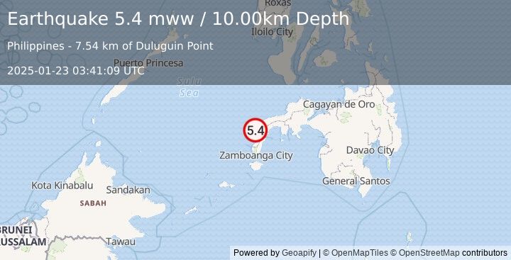 Earthquake 9 km WSW of Siocon, Philippines (5.4 mww) (2025-01-23 03:41:09 UTC)