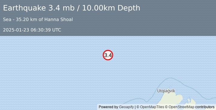 Earthquake 168 km NNW of Wainwright, Alaska (3.4 mb) (2025-01-23 06:30:39 UTC)