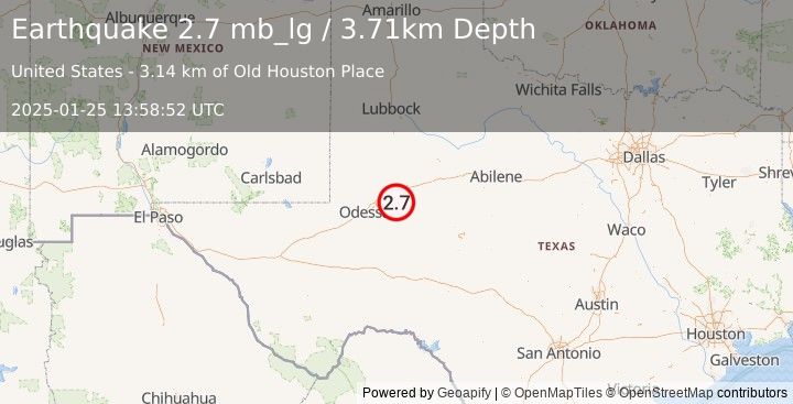 Earthquake 14 km SSE of Stanton, Texas (2.7 mb_lg) (2025-01-25 13:58:52 UTC)